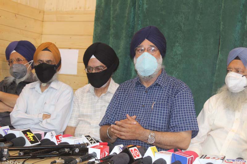 All Parties Sikh Coordination Committee Chairman Jagmohan Singh Raina addressing a press conference in Srinagar. -Excelsior/Shakeel