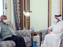 External Affairs Minister, S Jaishankar calling his Qatar counterpart Mohammed bin Abdulrahman Al-Thani, in Doha on Tuesday. (UNI)