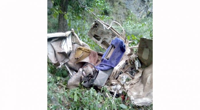 Remains of a Tata Mobile vehicle which met with an accident in Ramban district on Wednesday.