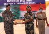 BSF and Pakistan Rangers at a Sector Commander level meeting at Suchetgarh border in Jammu on Saturday.