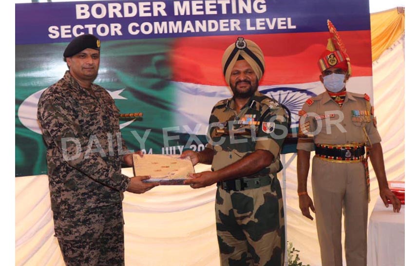 BSF and Pakistan Rangers at a Sector Commander level meeting at Suchetgarh border in Jammu on Saturday.