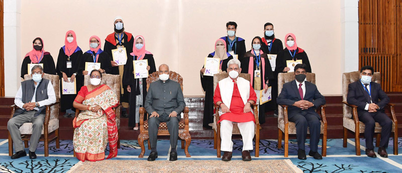 President Ram Nath Kovind at the 19th annual convocation of University of Kashmir in Srinagar on Tuesday. Lt Governor Manoj Sinha is also seen. (UNI)