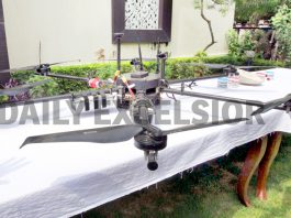 A drone shot down by the cops at Kanachak in Jammu district on Friday. Another pic on page 4. -Excelsior/Rakesh