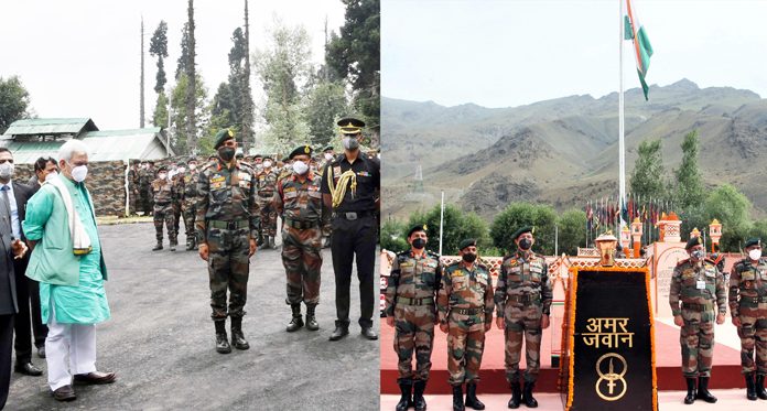 President Ram Nath Kovind flanked by Lt Governor Manoj Sinha taking salute after interacting with officers and jawans of Chinar Corps and High Altitude Warfare School at Gulmarg (left) and senior Army officers paying tributes to soldiers at Kargil War Memorial in Drass (right) on Monday (UNI).
