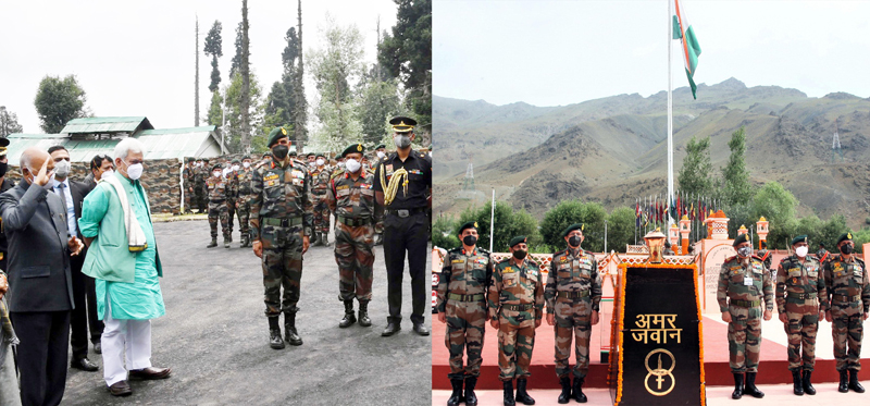 President Ram Nath Kovind flanked by Lt Governor Manoj Sinha taking salute after interacting with officers and jawans of Chinar Corps and High Altitude Warfare School at Gulmarg (left) and senior Army officers paying tributes to soldiers at Kargil War Memorial in Drass (right) on Monday (UNI).