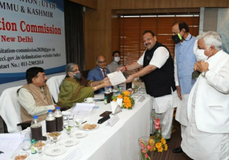 The Delimitation Commission receiving memorandum from NC provincial president Devender Singh Rana in Jammu on Thursday.