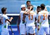 Indian Men’s Hockey Team players celebrating after beating New Zealand by 3-2 at Tokyo-2020 Summer Olympics on Saturday.