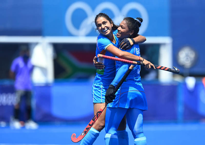 Indian Women hockey player celebrating victory over South Africa on Saturday.