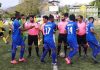 Players interacting with referees before the match at TRC Ground Srinagar on Friday.