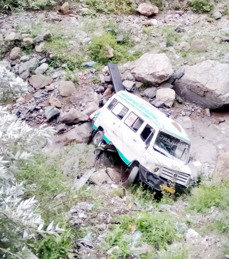 Ill-fated ambulance after accident in Ramban. -Excelsior/Pervaiz