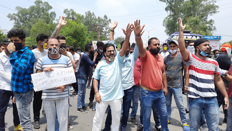 Youth protesting at Kathua on Saturday. —Excelsior/Pardeep Sharma