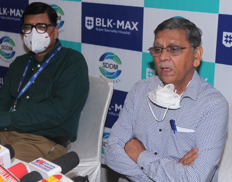 Dr H.S Bhatyal and Dr Vishal Saxena of BLK MAX Hospital addressing a press conference at Jammu on Thursday. —Excelsior/Rakesh