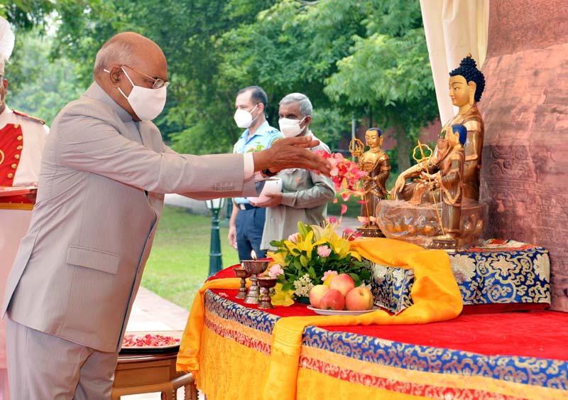 President Ram Nath Kovind at the Annual Asadha Poornima - Dharma Chakra Day, at Rashtrapati Bhavan, in New Delhi on Saturday. (UNI)