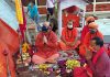 Mahant Deependra Giri and Sadhus performing Puja at Sharika Bhawani temple on Monday.