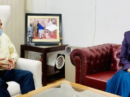 Central Administrative Tribunal (CAT) Chairperson Manjula Das briefing Union DoPT Minister Dr Jitendra Singh about the status of CAT benches in J&K on Saturday.