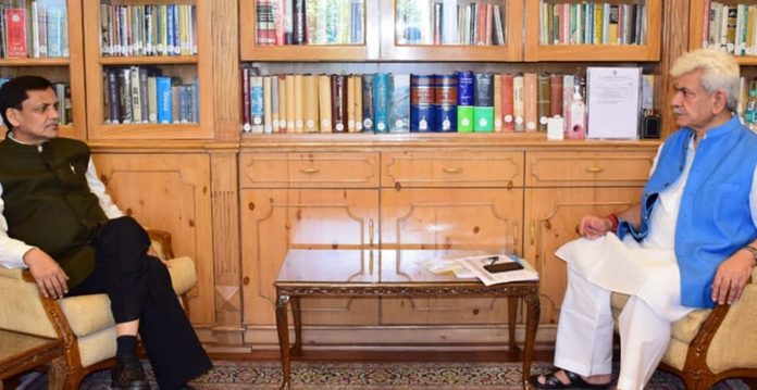 Union Minister of State for Home Nityanand Rai in a meeting with Lieutenant Governor Manoj Sinha in Srinagar on Wednesday.