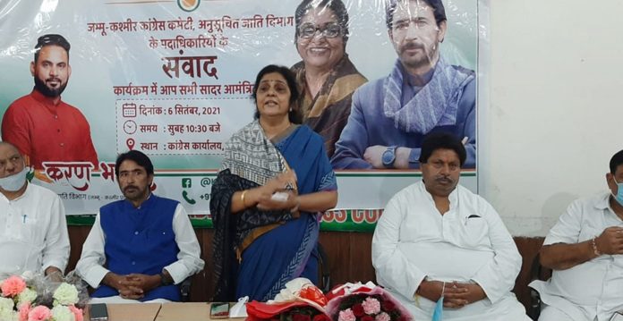 AICC leader and Incharge J&K Affairs, Rajni Patil (ex-MP) addressing Cong meeting in Jammu on Sunday.