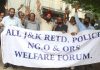 Retired police personnel during a protest demonstration in Jammu.