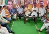 BJP leaders during a meeting at party headquarters, Trikuta Nagar on Monday.