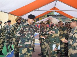 DG BSF Pankaj Singh interacting with jawans in Kashmir on Tuesday.