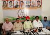 AICC spokesperson, Charan Singh Sapra, flanked by other Congress leaders addressing a press conference in Jammu on Wednesday. —Excelsior/Rakesh