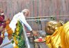 Prime Minister Narendra Modi offering prayer at Mahaparinirvana Temple on the occasion of Abhidhamma Day, in Kushinagar on Wednesday. (UNI)