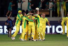 Australian players celebrating victory over New Zealand during T20 World Cup final match at Dubai on Sunday.