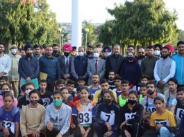 Participants of inter-collegiate competition posing for a group photograph with Vice Chancellor University of Jammu, Manoj Dhar and others on Wednesday.
