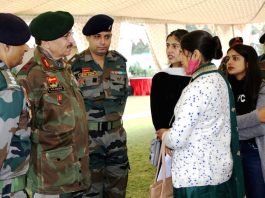 Northern Command Army Commander Lt Gen Y K Joshi interacting with veer naris at his residence at Udhampur on Tuesday. (UNI)