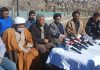 KDA leaders addressing a press conference in Kargil on Saturday. —Excelsior/Basharat Ladakhi