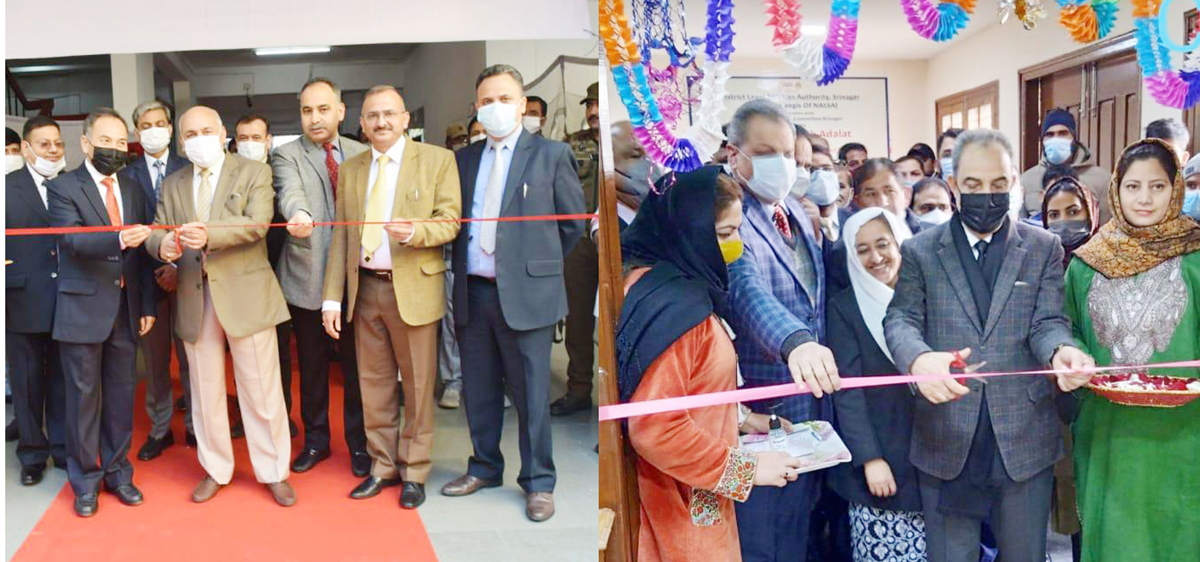 Chief Justice of J&K and Ladakh High Court Justice Pankaj Mithal and Justice Ali Mohammad Magrey inaugurating National Lok Adalats at High Court Complex Jammu (left) and District Court Complex Srinagar (right), respectively.