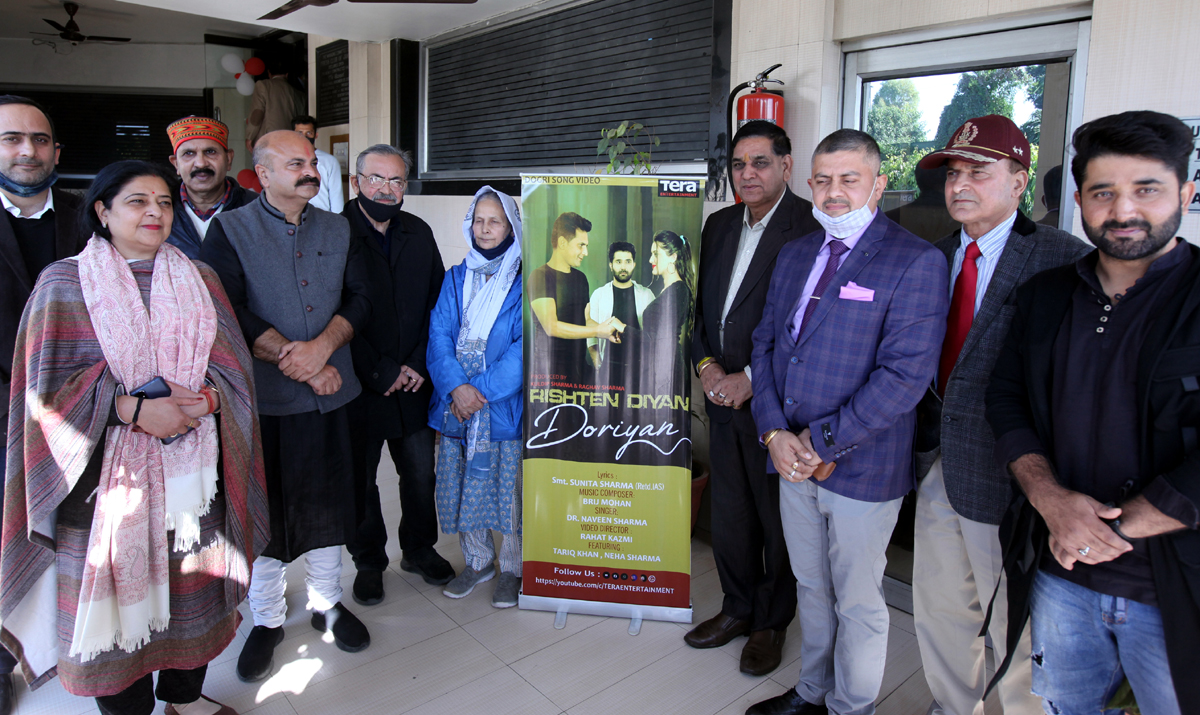 JMC Mayor Chander Mohan Gupta and other dignitaries during release of a Dogri video song at Press Club, Jammu. -Excelsior/Rakesh