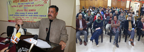 Zorawar Singh Jamwal addressing a programme by Sahitya Akademi New Delhi at Jammu on Sunday.