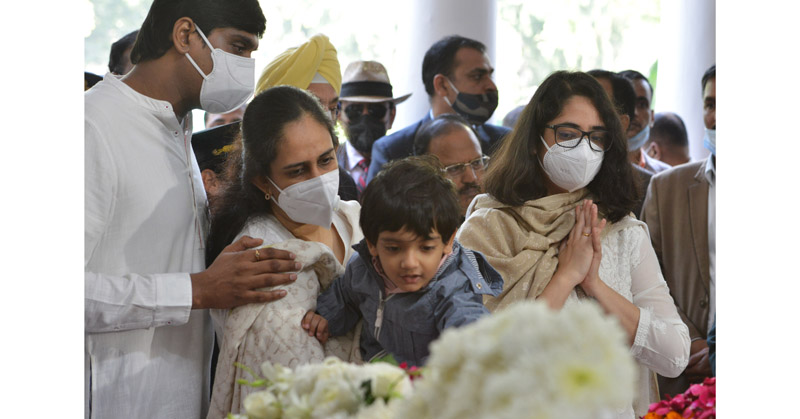 Daughters, son-in-law and grandson of CDS General Bipin Rawat and Madhulika Rawat paying last respects at their residence in New Delhi on Friday.