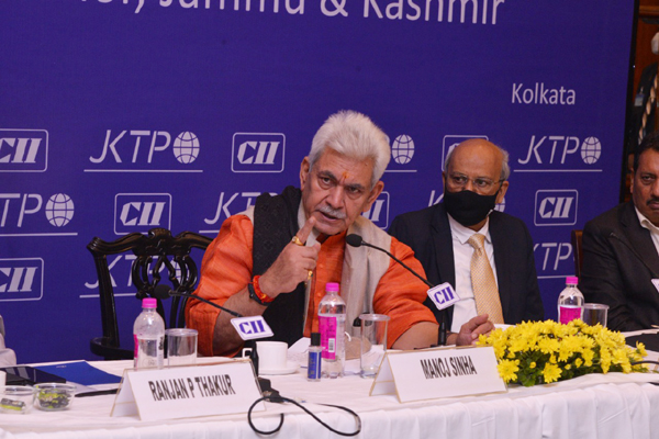 Lieutenant Governor Manoj Sinha addressing an industry meet at Kolkata on Tuesday.