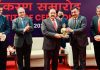 Union Minister Dr Jitendra Singh being felicitated by CBI Director, Subhodh Jaiswal during Investiture Ceremony at CBI headquarters, New Delhi. Also seen is Central Vigilance Commissioner, Suresh N. Patel.