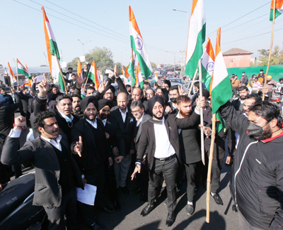 Members of Bar Association Jammu taking out protest march on Wednesday. —Excelsior/Rakesh