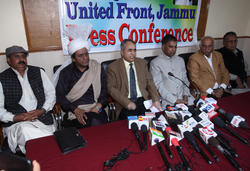 Gujjar-Bakerwal leaders during a press conference at Press Club, Jammu. -Excelsior/Rakesh