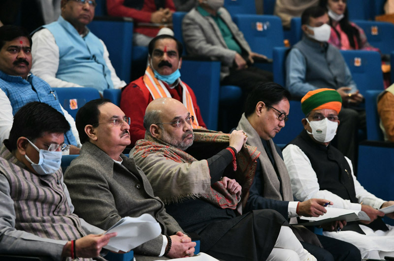 Union Home Minister Amit Shah with BJP President J P Nadda and others during BJP parliamentary meeting at Ambedkar International Centre, in New Delhi on Tuesday. (UNI)
