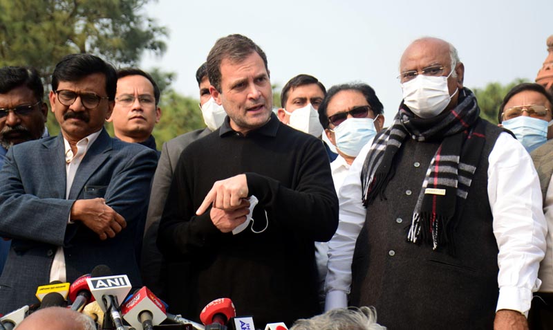 Congress leader Rahul Gandhi addressing newsmen during the Vijay Chowk march of opposition MPs in protest against the suspension of MPs and inflation and price rise, in New Delhi on Tuesday. (UNI)