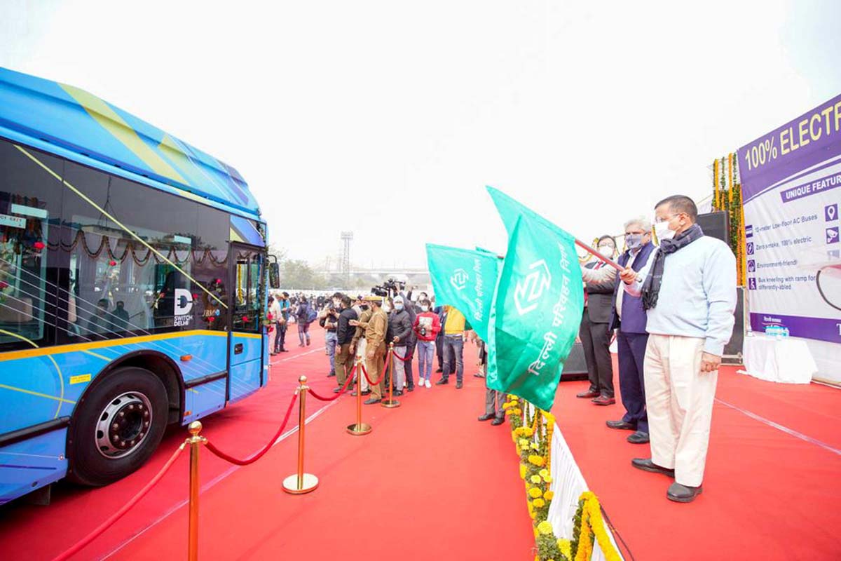 Delhi Chief Minister Arvind Kejriwal flags off New Electric Bus (EVs) at DTC Indraprastha Depot in New Delhi on Monday.