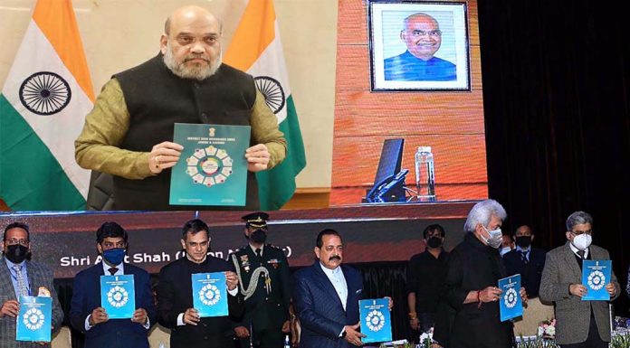 Union Home Minister Amit Shah launching virtually the DGGI of J&K from New Delhi on Saturday. Union MoS in PMO Dr Jitendra Singh and LG Manoj Sinha were present in Jammu.