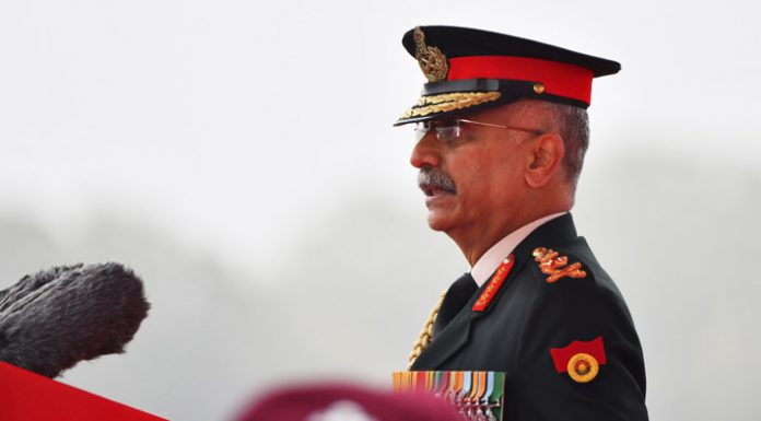 Chief of Army Staff Gen Manoj Mukund Naravane addressing jawans on the occasion of the Army Day Parade at Cariappa Ground in New Delhi on Saturday.
