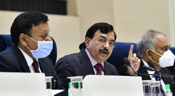 Chief Election Commissioner Sushil Chandra flanked by Election Commissioners Rajiv Kumar and Anup Chandra Pandey announcing the schedule for Assembly elections in New Delhi on Saturday. (UNI)