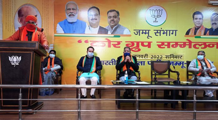 BJP leaders during core group meeting at party headquarters Trikuta Nagar on Saturday.