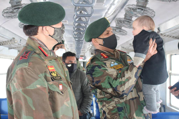 The Army Commanders during journey in train in Anantnag on Wednesday.