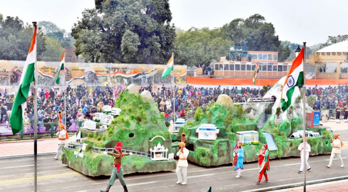 Jammu and Kashmir tableau on display during the full dress rehearsal of the Republic Day Parade-2022, at the Rajpath in New Delhi on Sunday. (UNI)