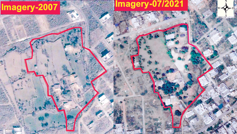 Google images showing difference in number of structures on JDA land in Roop Nagar, Jammu.
