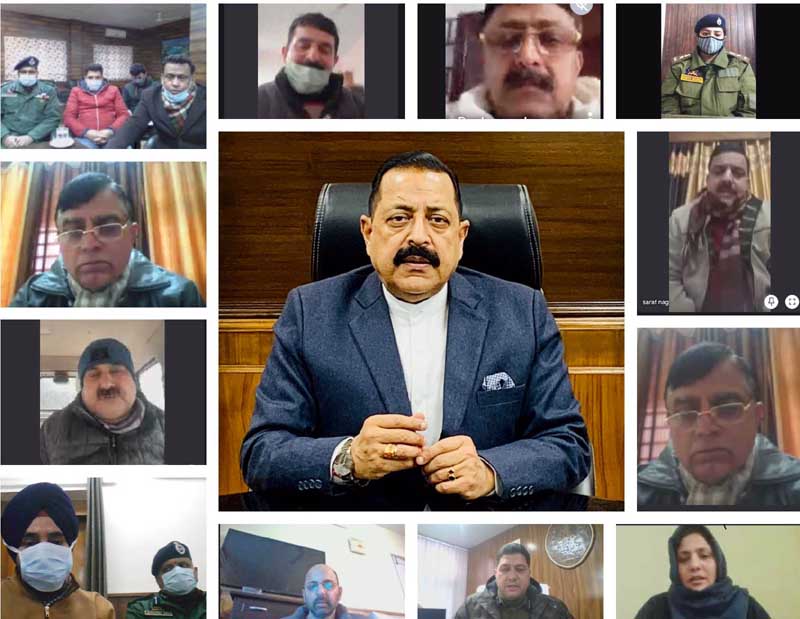 Union Minister Dr Jitendra Singh  holding a virtual meeting with DDC Chairpersons, Deputy Commissioners and SSPs of six districts falling in Udhampur-Kathua-Doda Lok Sabha Constituency, on Sunday.