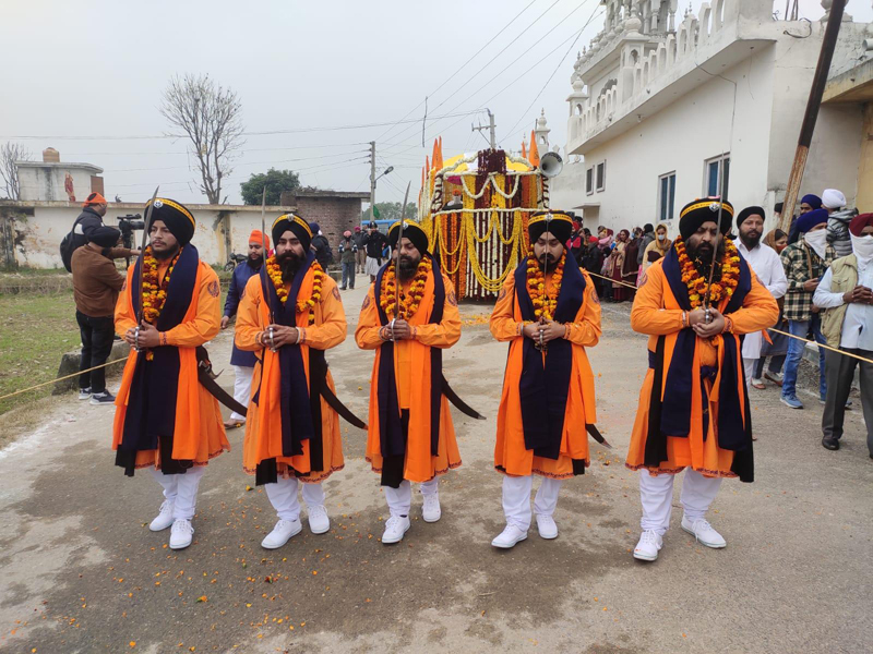 Sikh community members taking out ‘Nagar Kirtan’ at Simbal Camp in RS Pura on Sunday.